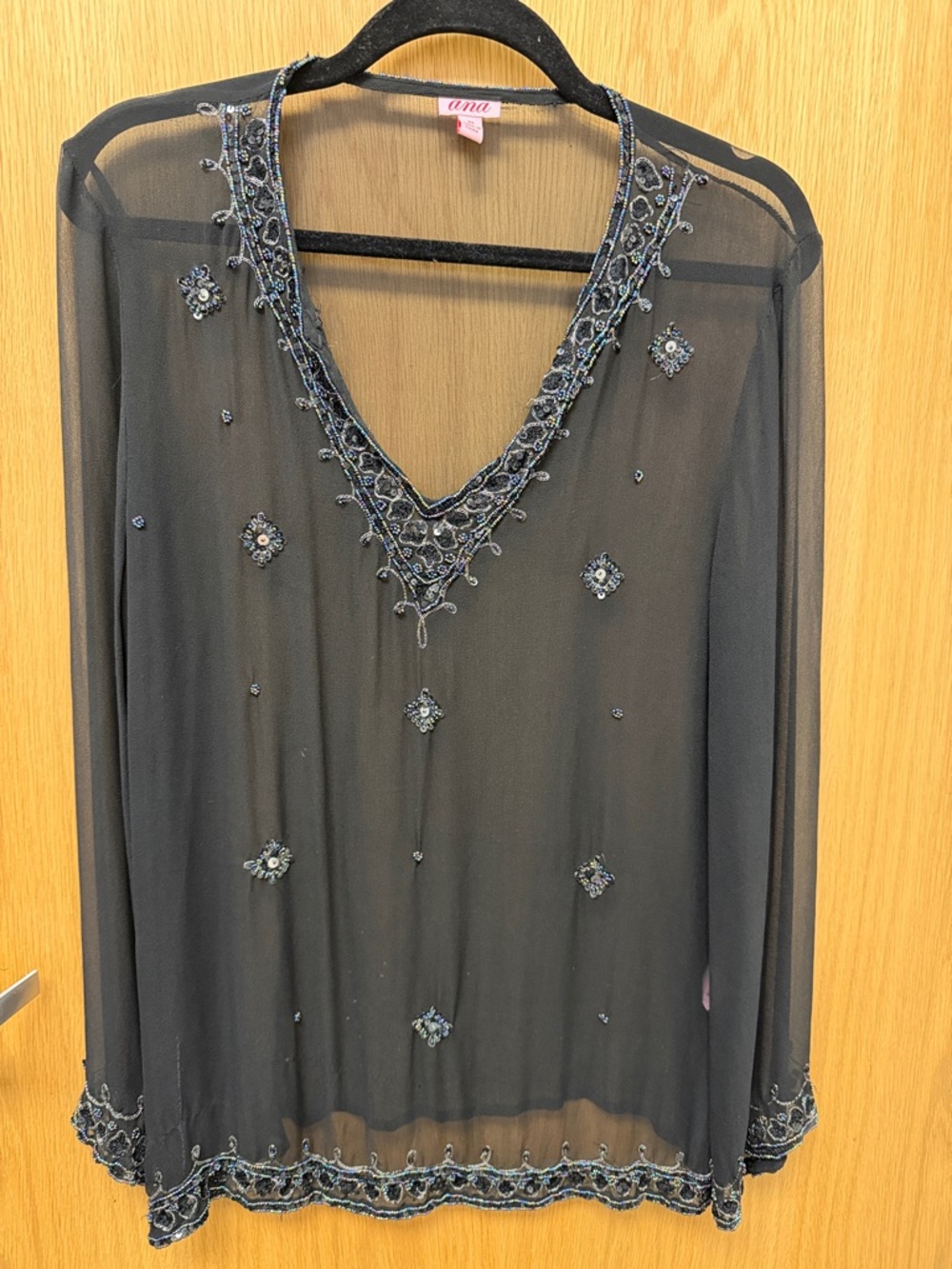 a.n.a Black 100 % Silk Vintage Sheer Whimsigoth V-Neck Beaded Tunic